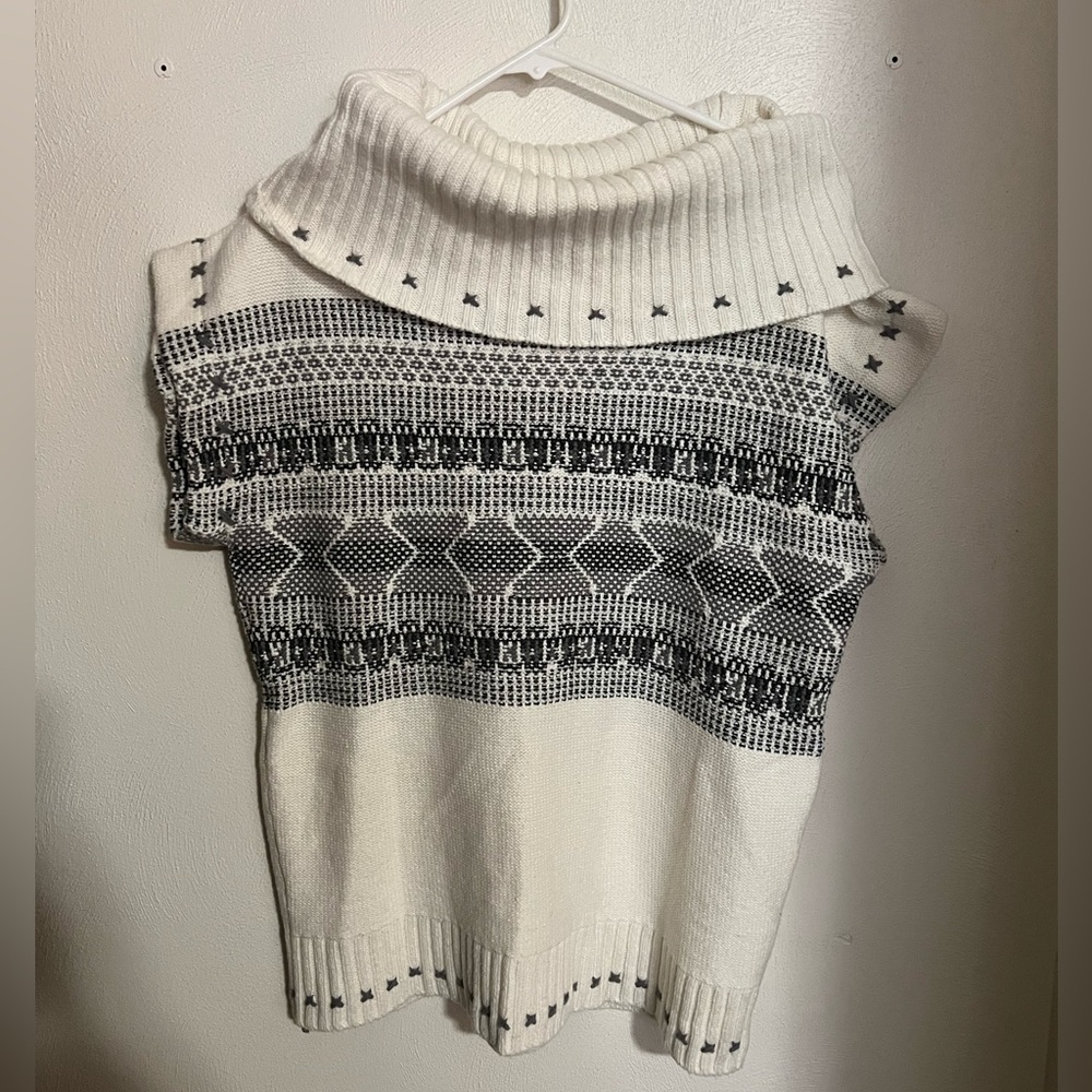 ROUTE 66 Vintage Fair Isle Cowl Neck Short Sleeve Sweater Grey Cream Women's XL